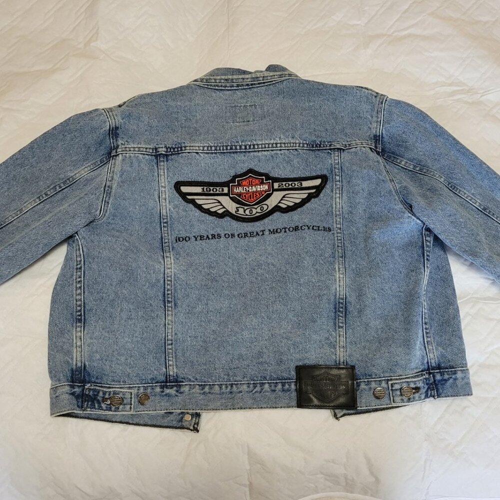 Vintage Harley Davidson Denim Jacket Womens L 100th Year Anniversary 1903-2003